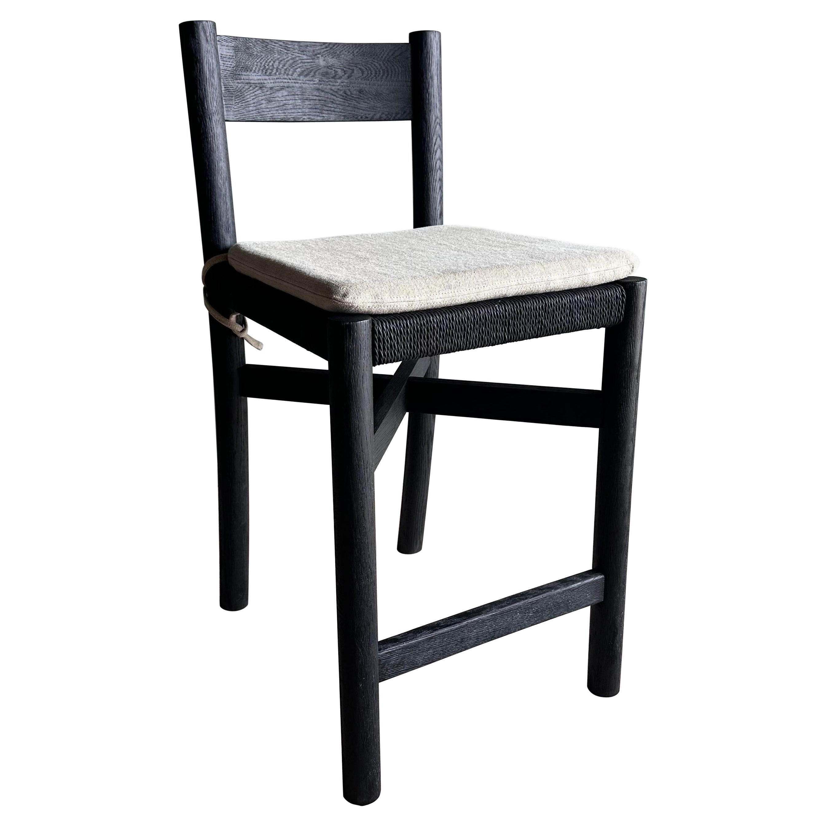 Ebonized White Oak Counter Stool with Woven Seat and Linen Cushion