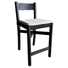 Ebonized White Oak Counter Stool with Woven Seat and Linen Cushion