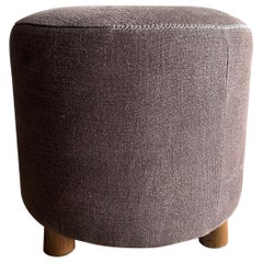 Round Stool in Coco Brown Linen with Hand Stitched Details and White Oak Legs