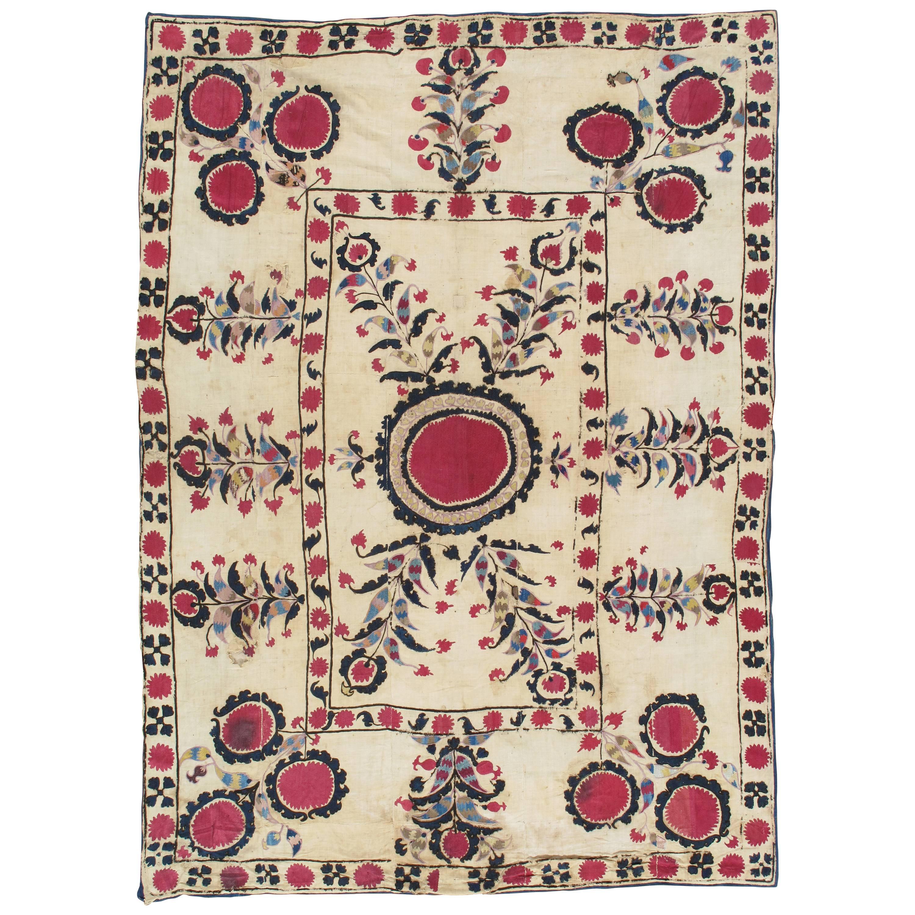 Antique Suzani Textile, Fine Uzbek, handmade rug, Tapestry, Silk Flowers