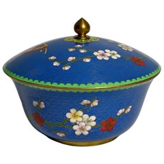 Caja o cuenco vintage chino de cloisonné azul lapislázuli con tapa redonda