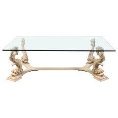 Mid-Century Hollywood Regency Italian Carved Dolphin Cerused Pine Coffee Table