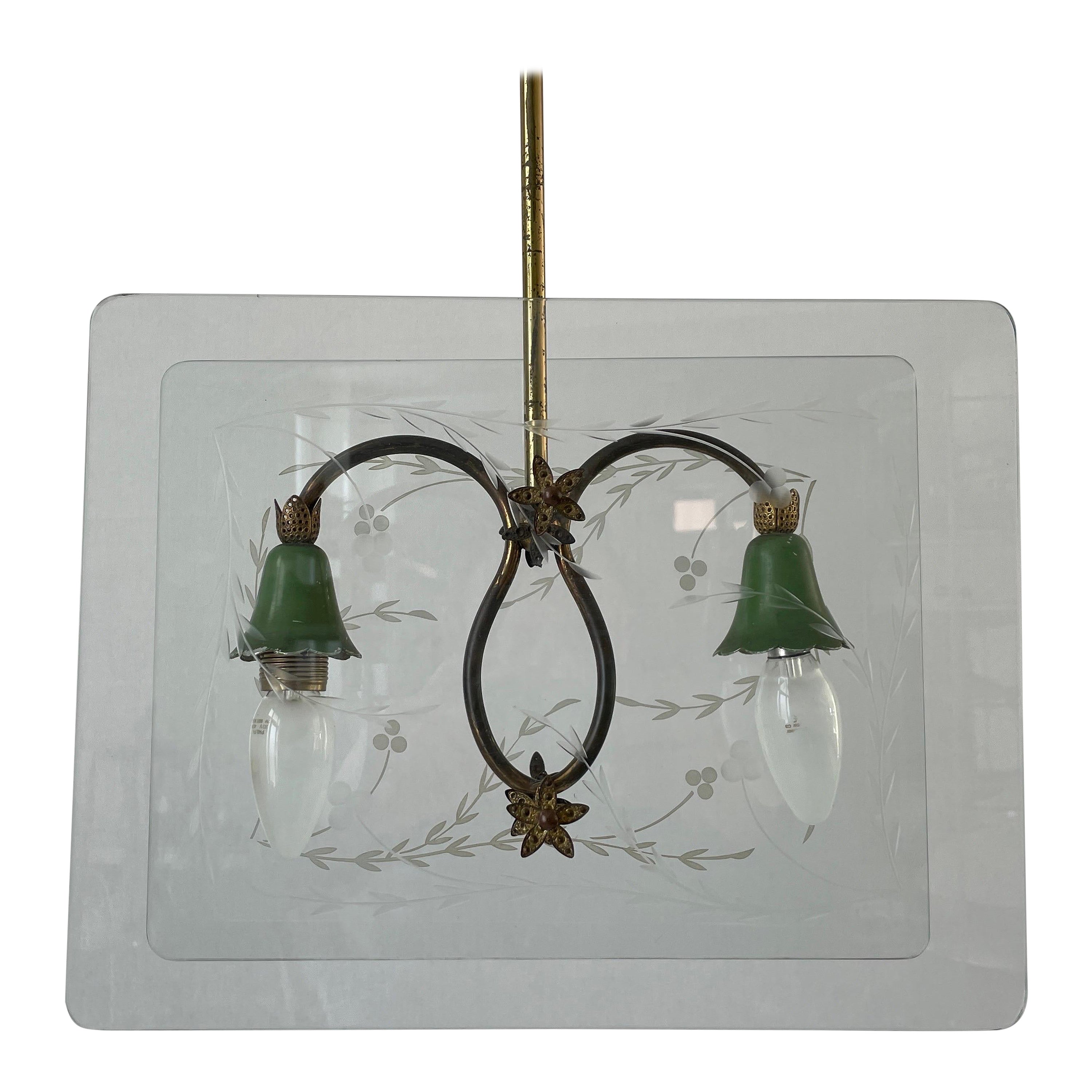 Italian Design Double Side Flower Printed Glass Ceiling Lamp, 1950s, Italy