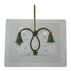 Italian Design Double Side Flower Printed Glass Ceiling Lamp, 1950s, Italy