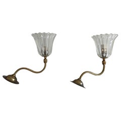 Mid-century Glass and Brass Pair of Sconces by Barovier & Toso, 1950s, Italy