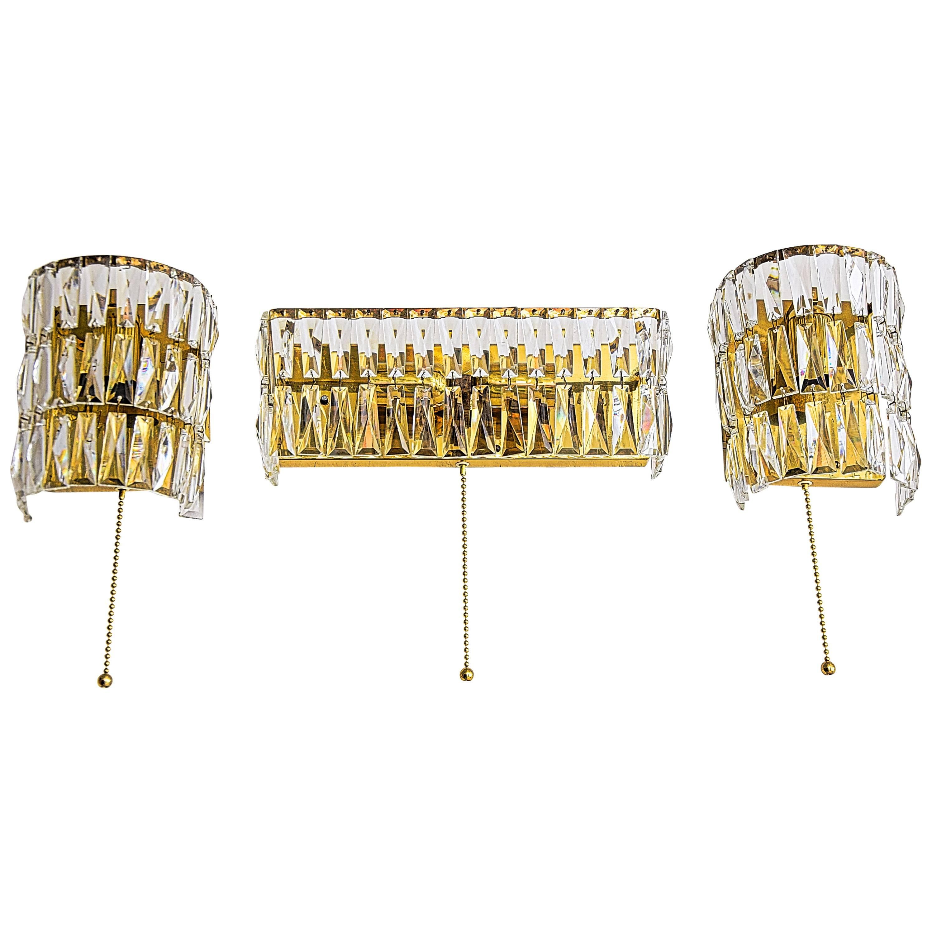 Three Wall Lamps with Cut Glass by Bakalowits