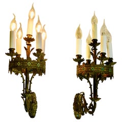 Antique Early 19th C Pair of French Brass and Enamel 5 Candle Wall Sconces