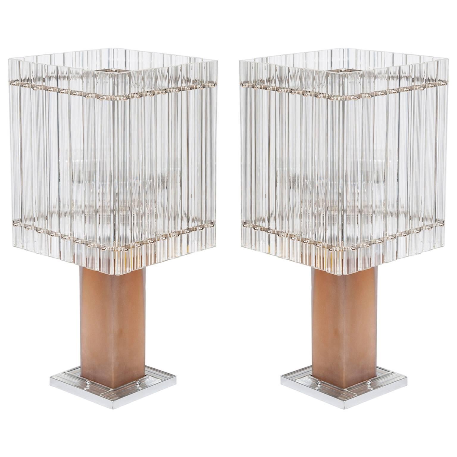 Pair of Italian Table Lamps in Transparent Murano Glass, circa 1980s