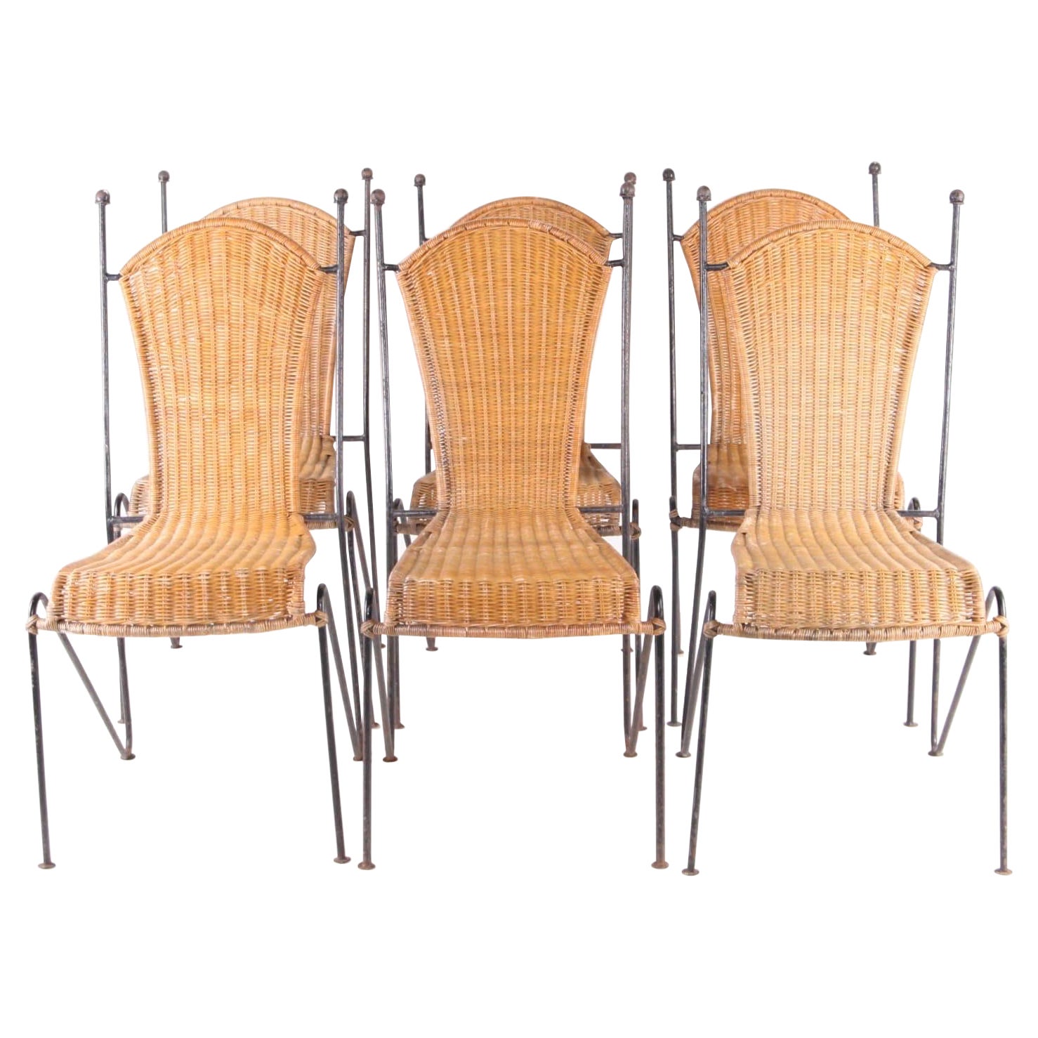Set of 6 Frederic Weinberg wicker and iron chairs