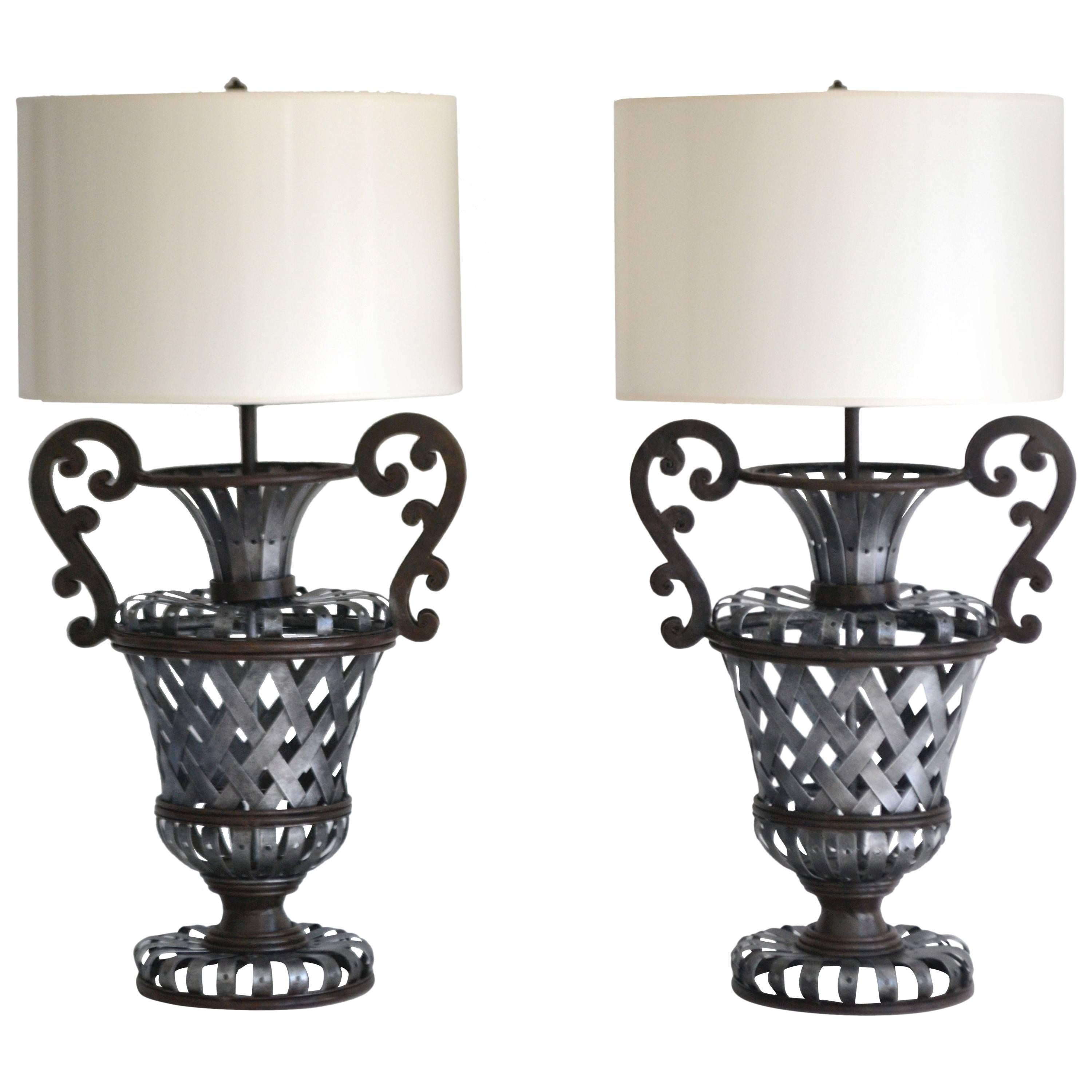 Pair of Wrought Iron Basket Weave Urn Form Table Lamps For Sale