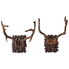 Pair of Black Forest Carved Wood Deer Antler Mounts, Late 19th Century