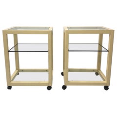 Cream Lacquered Glass Side Tables Wheels 1970s Hollywood Regency Pair bedside