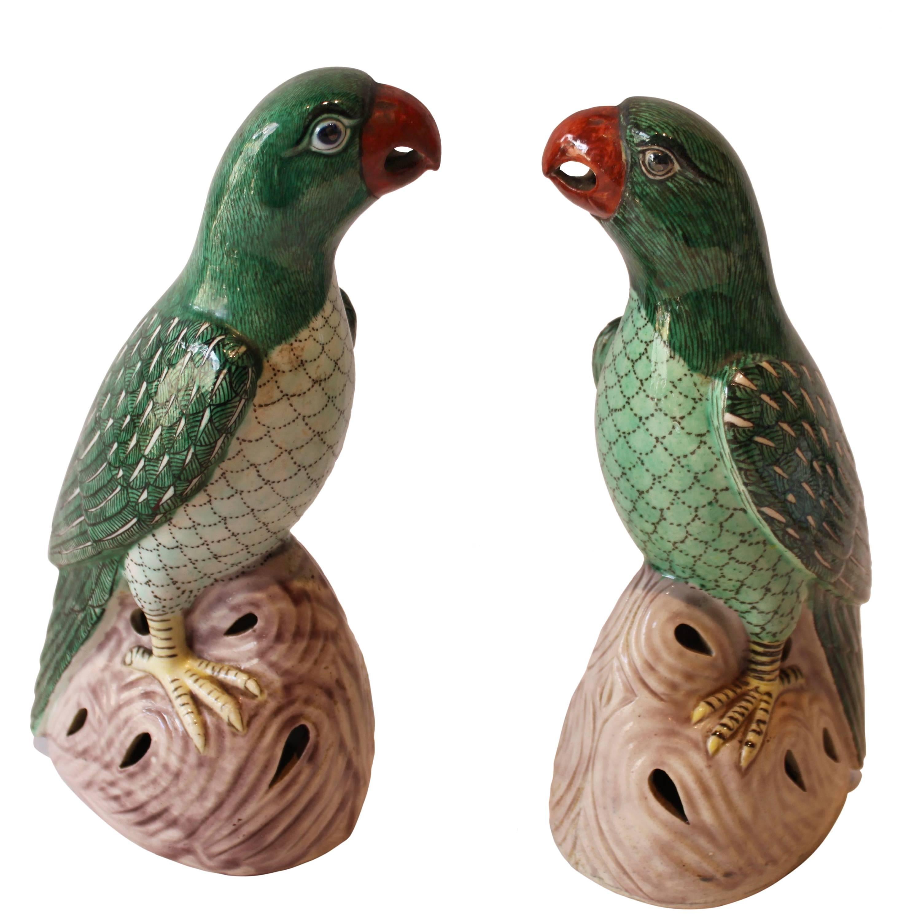 Pair of Chinese Export Famille Verte Green Hand-Painted Ceramic Parrots
