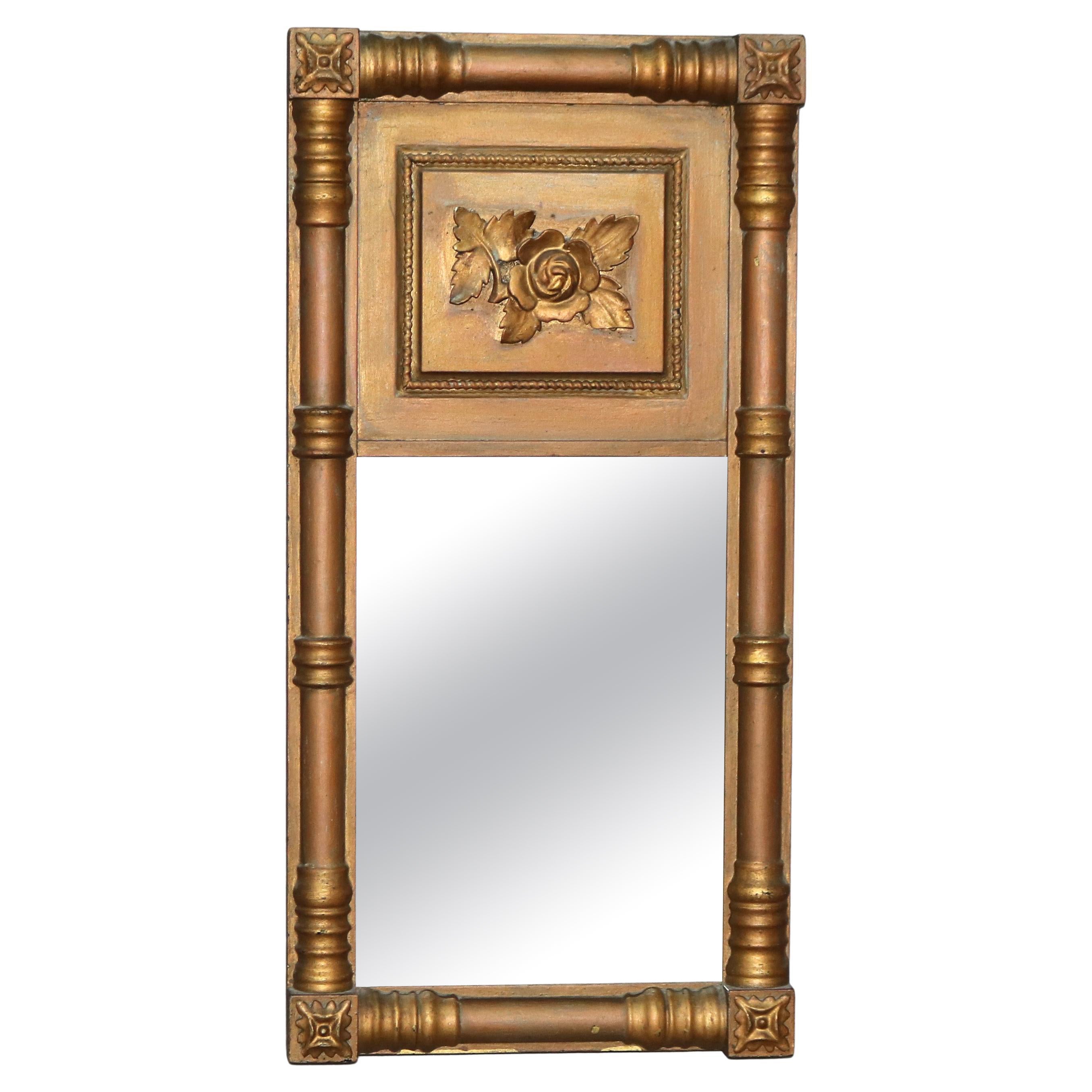 Antique American Empire Giltwood Trumeau Wall Mirror with Floral Element C1840
