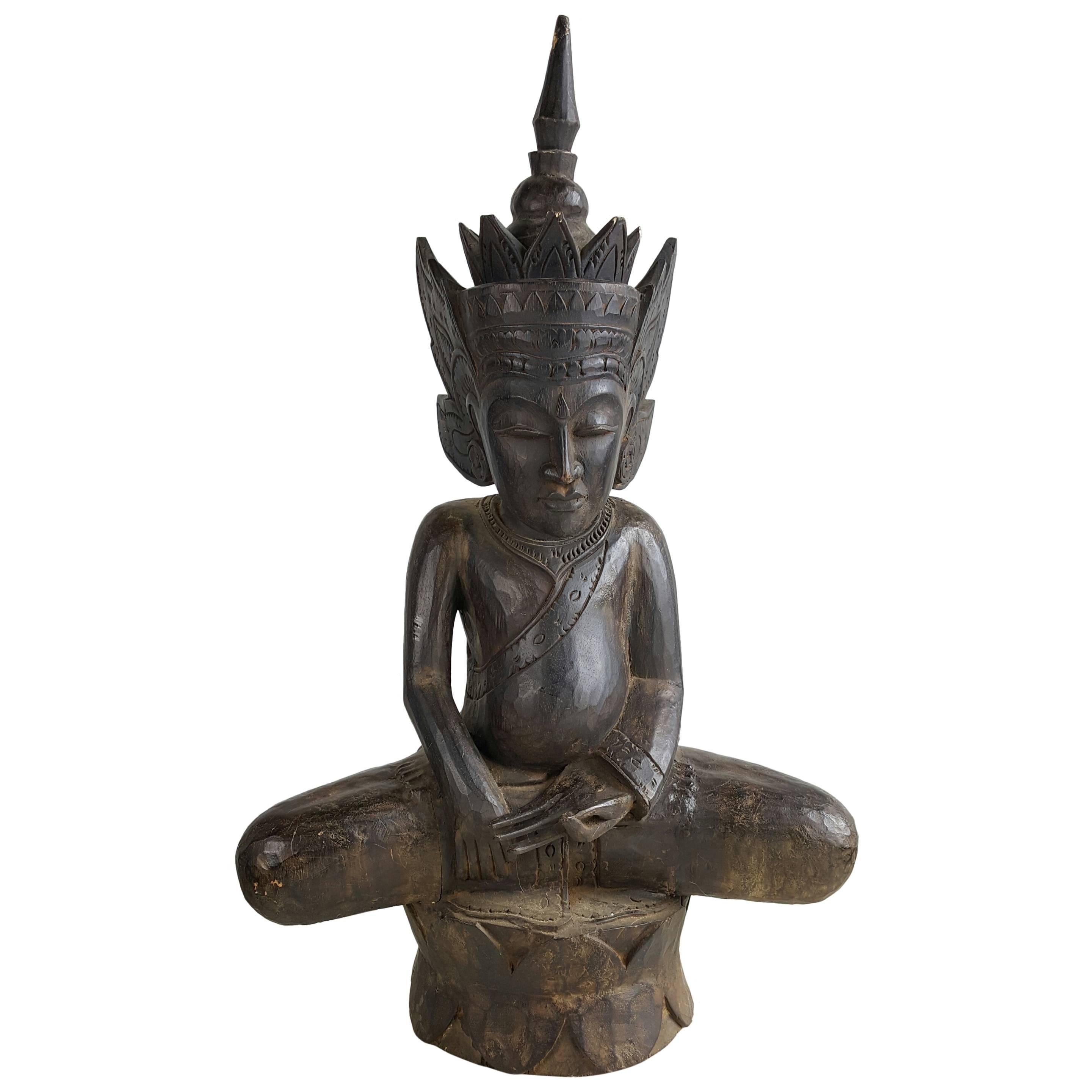 Exceptionally Large Burmese Carved Wood Sitting Buddha