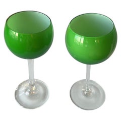 Copas de Vino de Tallo Largo Verde Esmeralda y Blancas, 2, Carlo Moretti, 1960