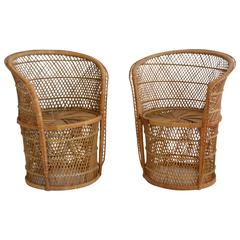 Retro Pair of Woven Rattan Barrel Form Side Chairs or Occasional Chairs