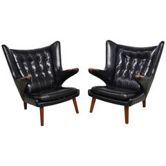 Hans Wegner Pair of Papa Bear Chairs in Black Leather, designed 1951