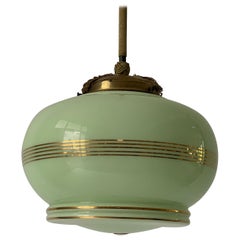 Art Deco Gilded Green Glass Ceiling Lamp, 1950s, Germany