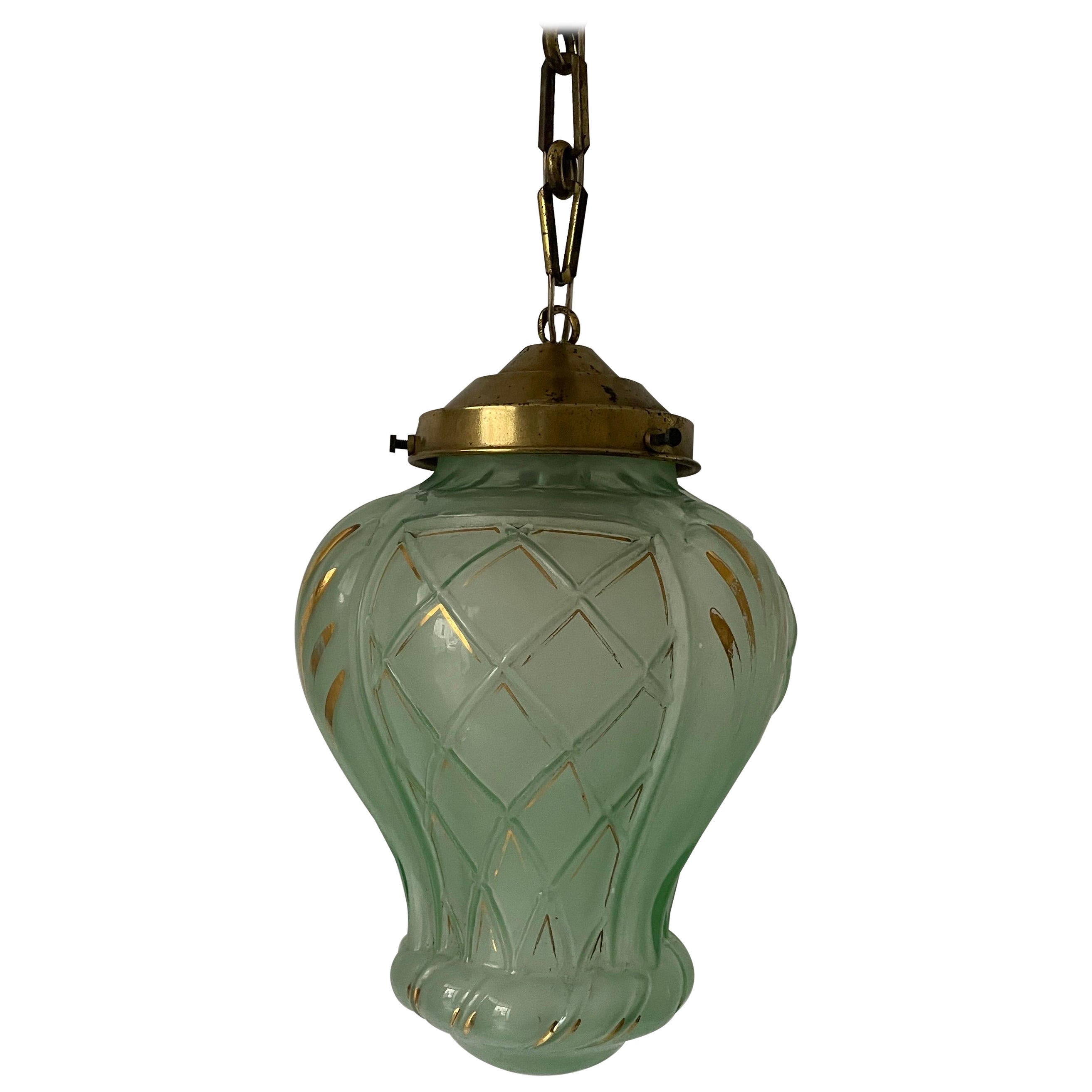 Art Deco Gilded Green Glass Ceiling Lamp, 1940s, France