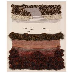 Vintage Fiber Art Wall Sculpture Wall Hanging Tapestry, Birds Flying over Land and Sea
