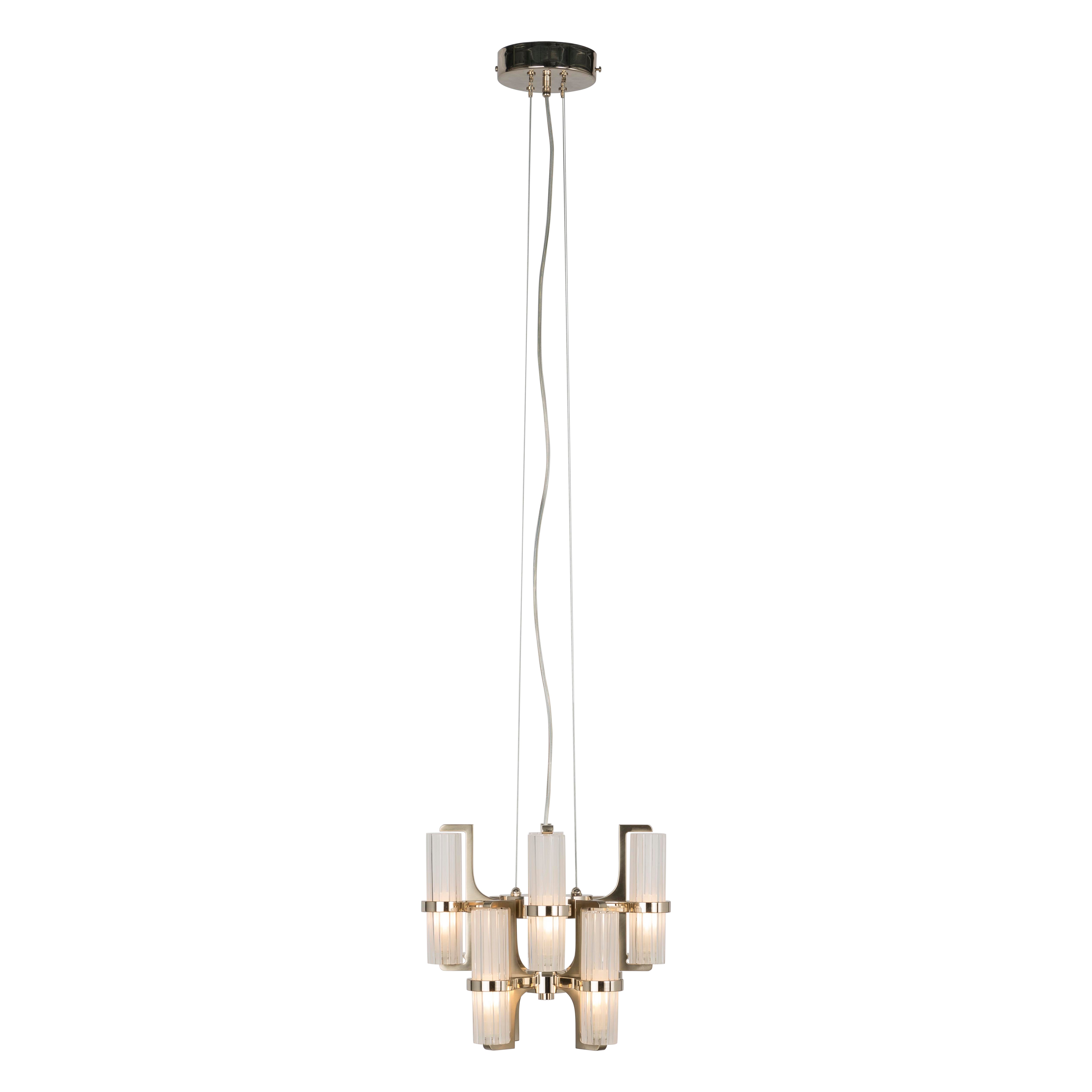 Small Modern Soave Chandelier in brushed light gold, crystal lampshades