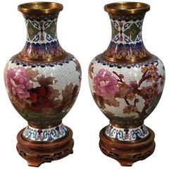 Pair of Mid-20th Century Cloisonné Vases on Carved Wood Bases
