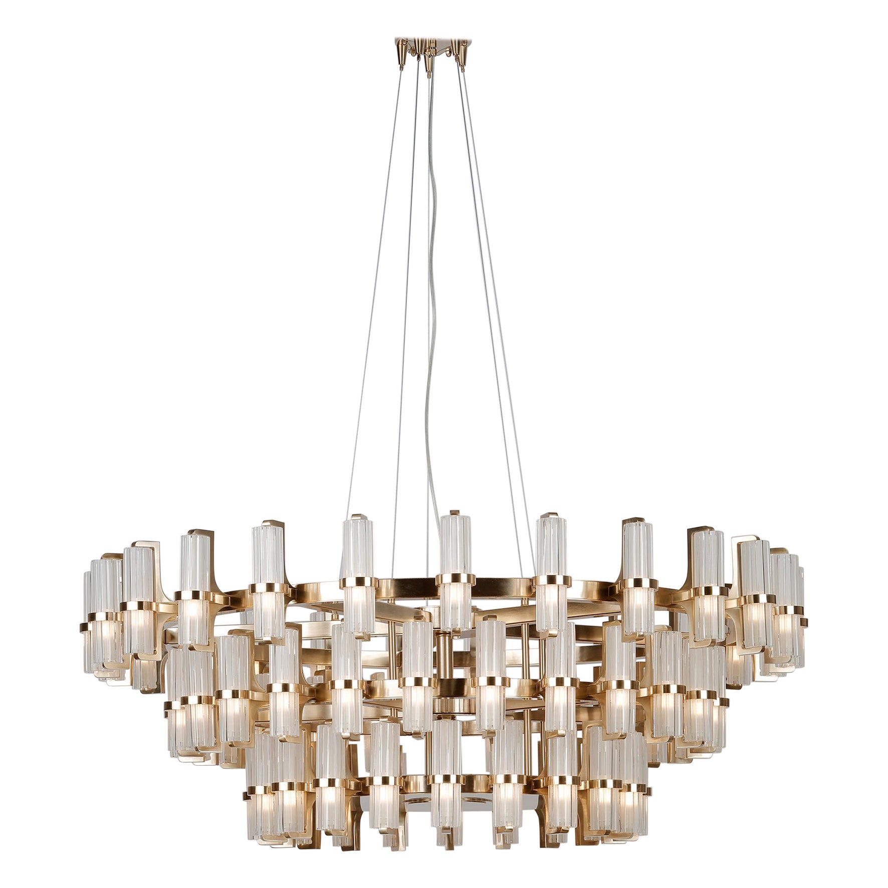 Large modern Soave Chandelier in brushed light gold, crystal lampshades