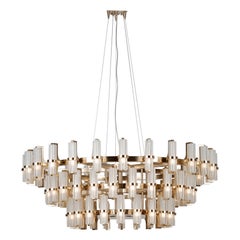 Large modern Soave Chandelier in brushed light gold, crystal lampshades