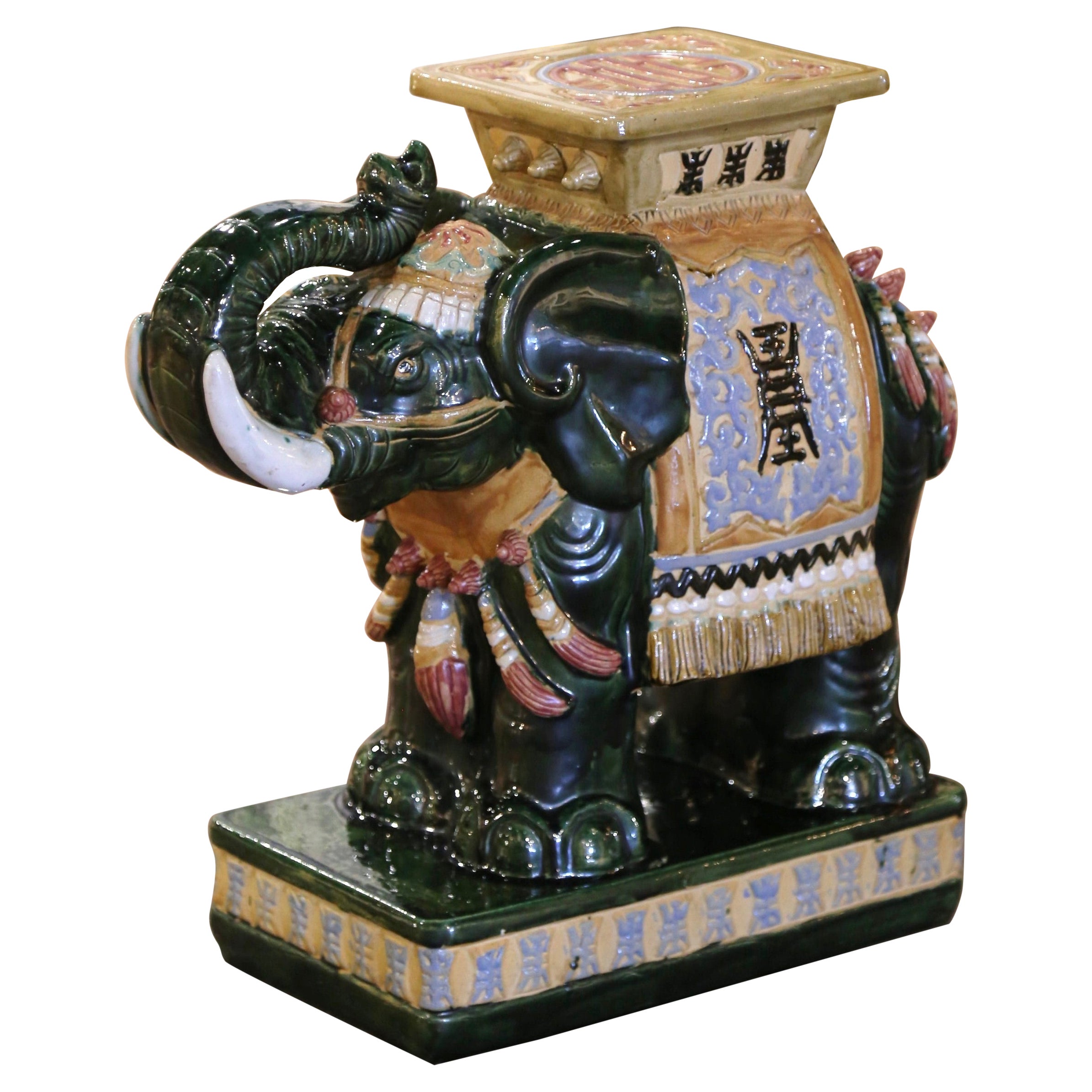 Mid-20th Century Malaysian Hand Painted Faience Elephant Garden Seat
