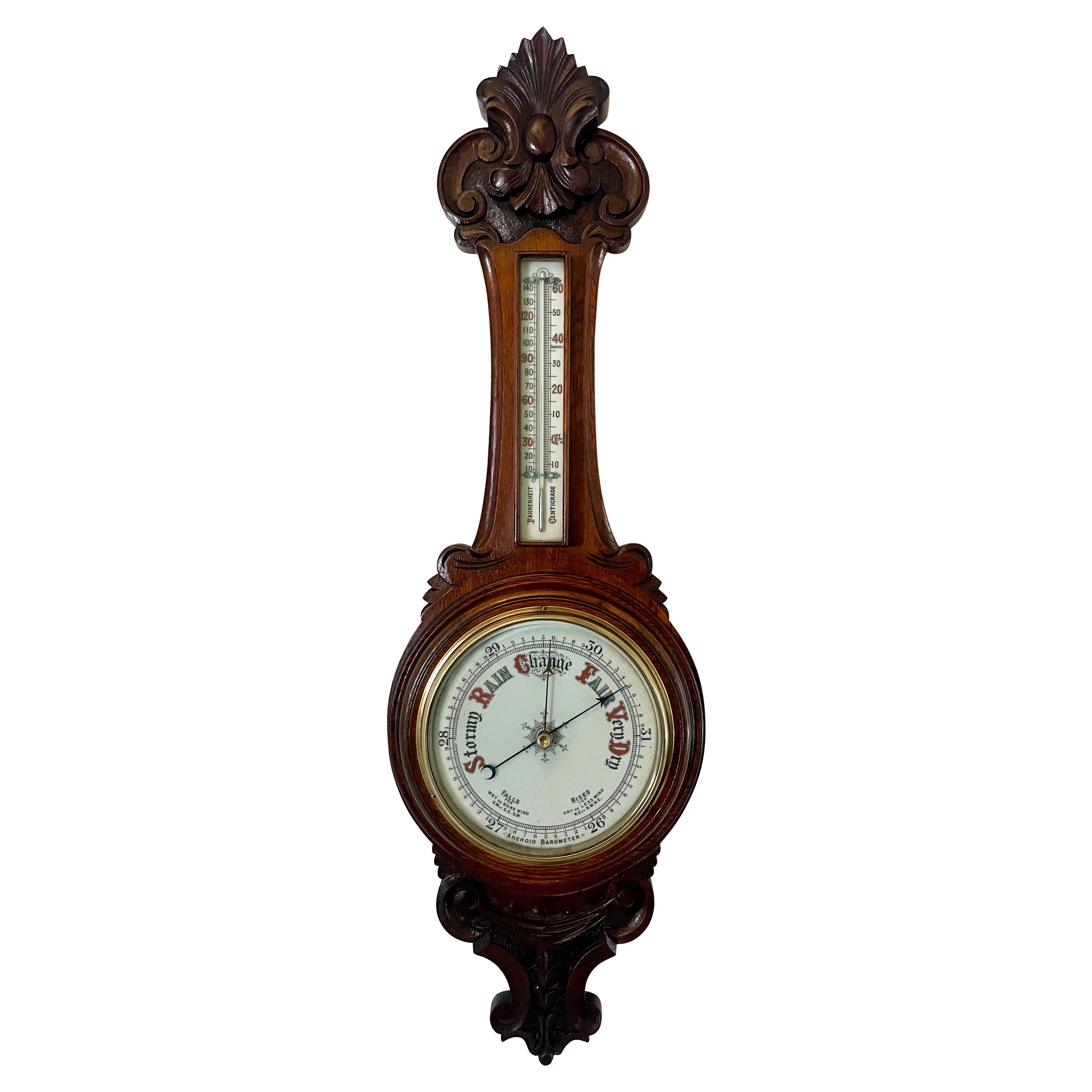 Antique Victorian Quality Carved Oak Banjo Barometer