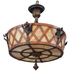 1920s Polychrome Ceiling Mount with Original Slag Glass