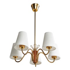 Swedish Designer, Chandelier, Brass, Wood, Fabric, Sweden, 1950s