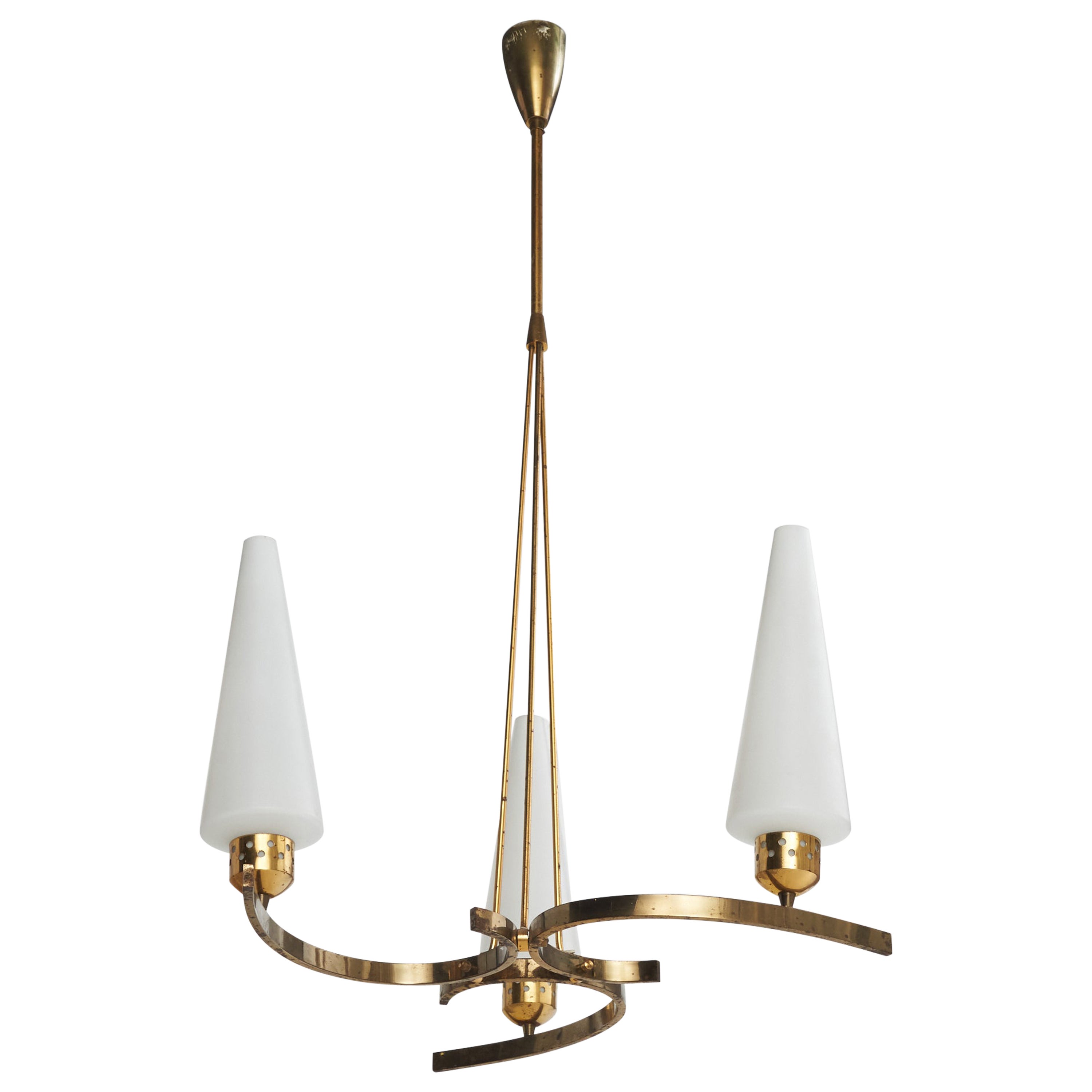 Italian Designer, Chandelier, Brass, Glass, Italy, 1950s