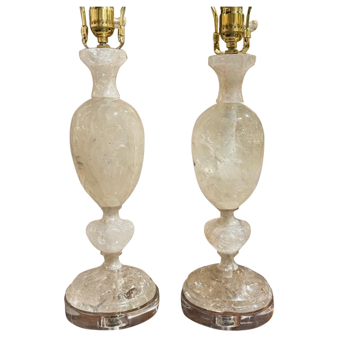 Pair of Rock Crystal Lamps on A Lucite Base For Sale