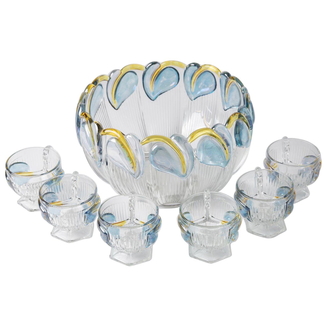 Art Deco Floral Punch Bowl & 6 Matching Glasses im Angebot