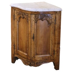 18th Century French Louis XV Marble Top Carved Elm Two-Door Corner Cabinet