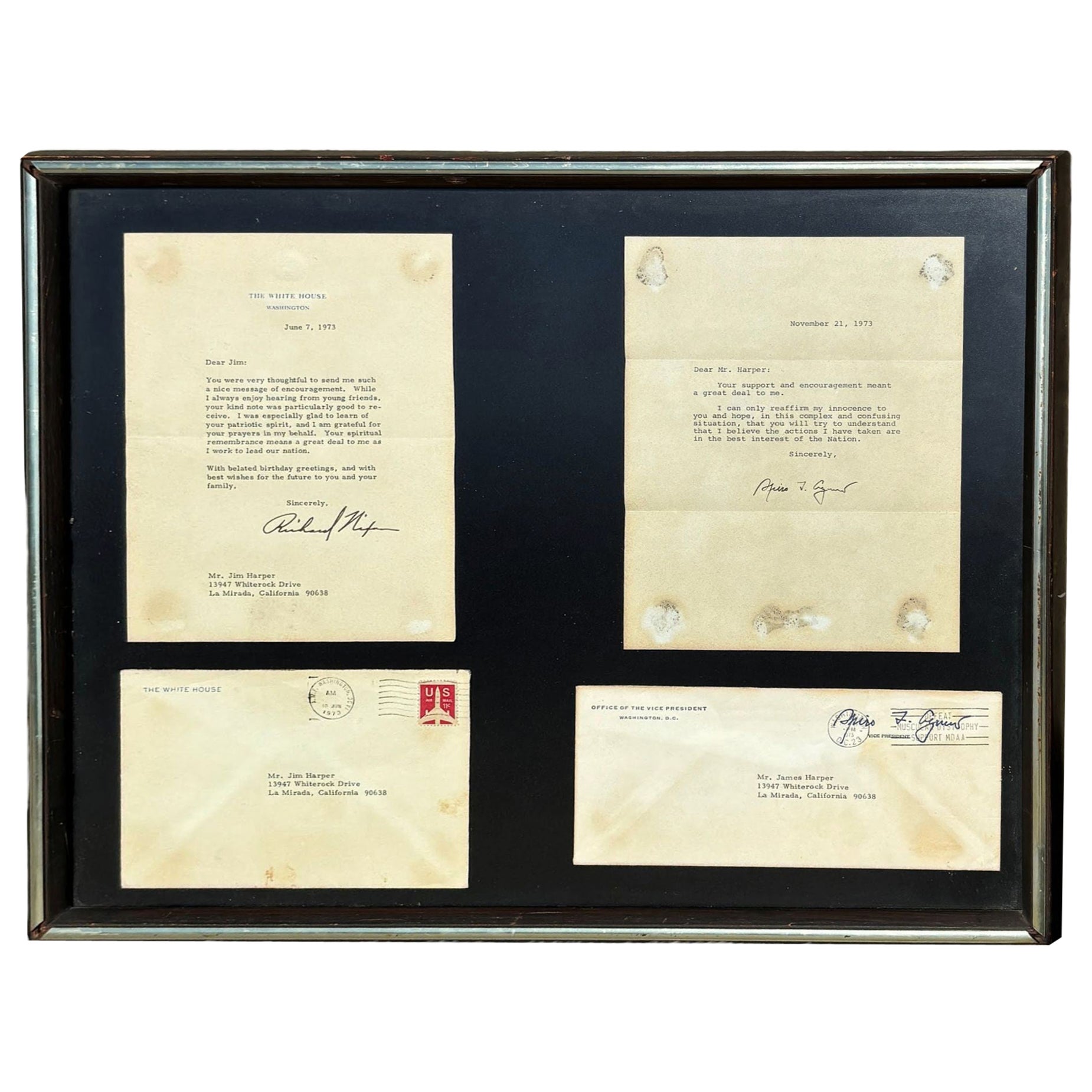 Framed Richard Nixon & Spiro Agnew Watergate Letters 1973 For Sale