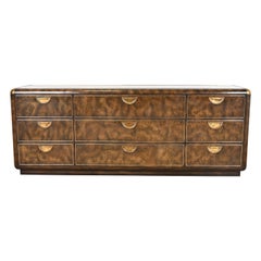 Mastercraft Hollywood Regency Campaign Burl Wood and Brass Nine-Drawer Dresser