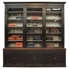 Large Black Painted 1900s French Shop Oak Bookcase Cabinet