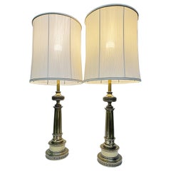 Lampes de table en laiton massif patiné STIFFEL avec abat-jour d'origine, années 1950, USA