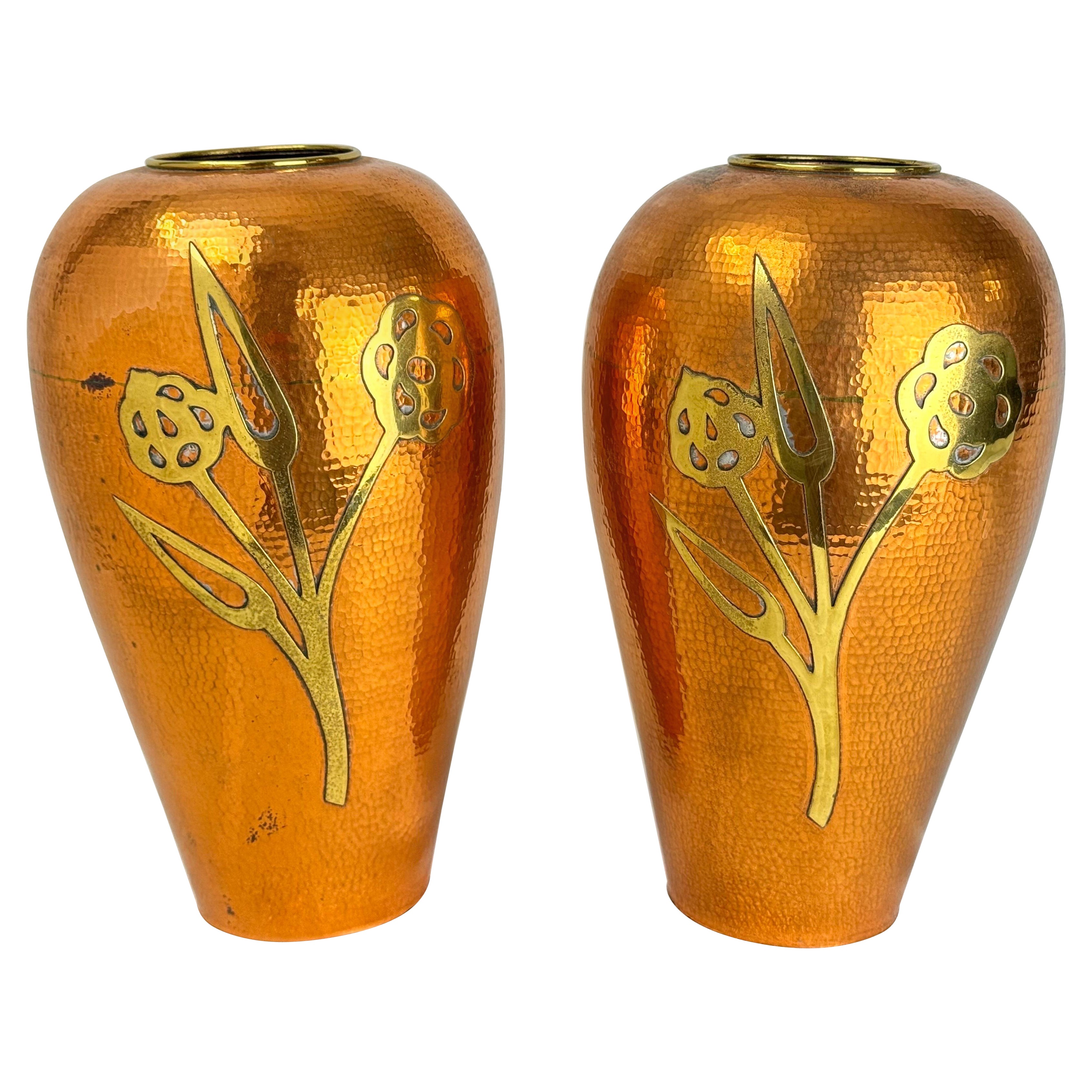 Pair of Hammered Copper and Brass Urns or Lamp Bases
