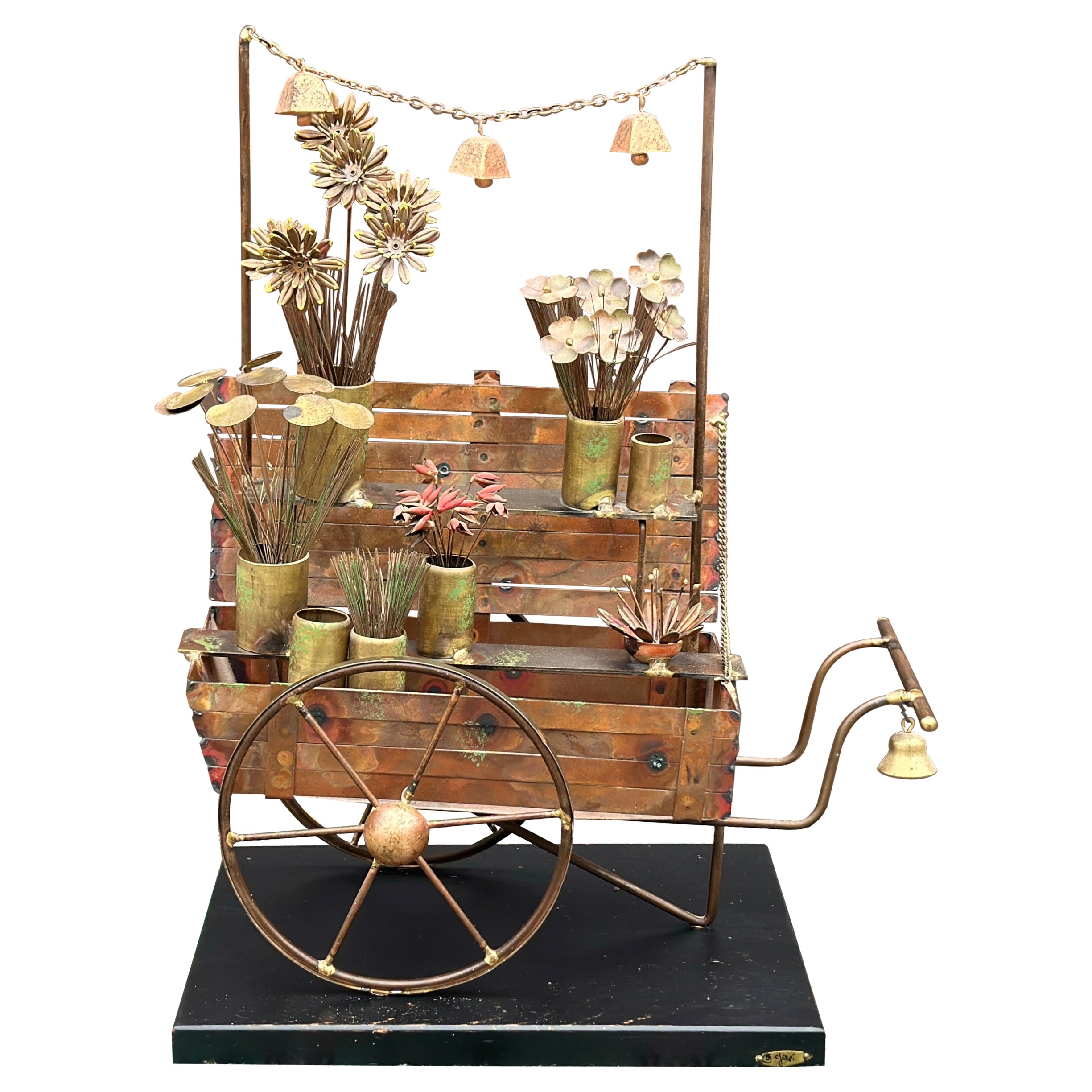 Escultura de carro de flores de cobre y latón en 3D firmada por Curtis Jere Circa 1960's