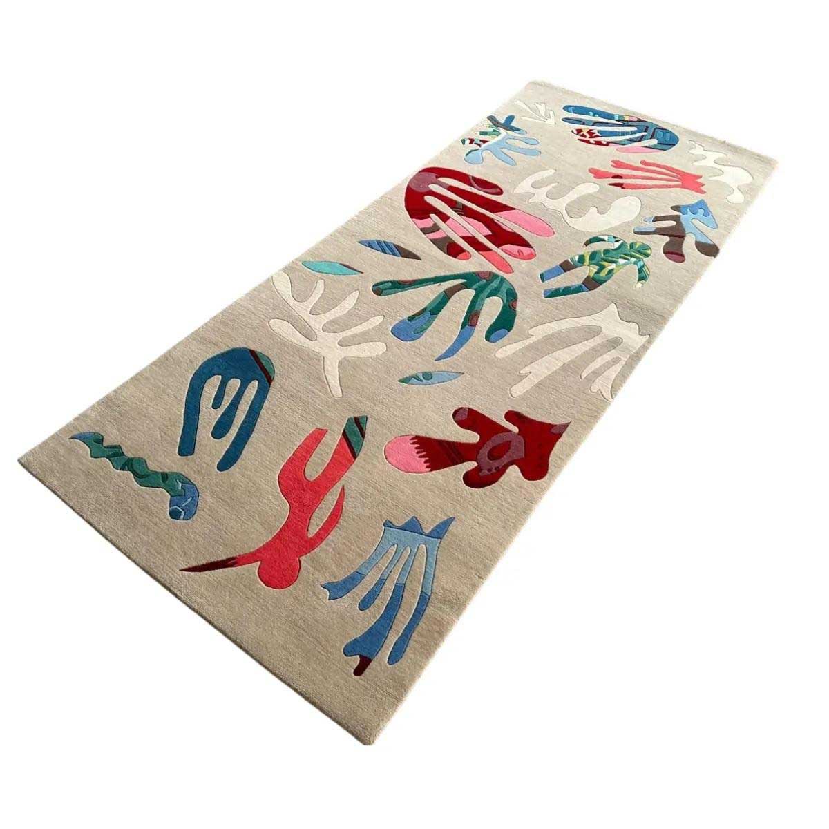 Customizable Handknotted Rug inspired by Matisse, pure wool, Cream, coral, green For Sale