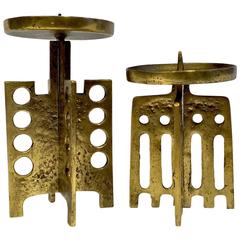 Pair of Brutalist Brass Candle Holders
