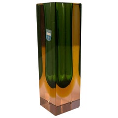 Mid-Century Modern Murano glass vase submerged technique 1950s, green and yellow