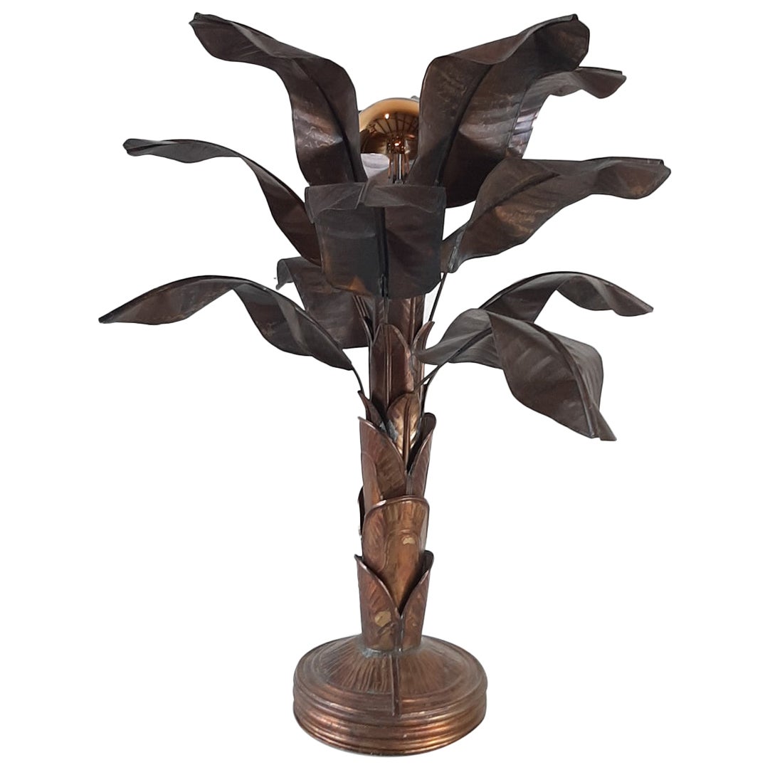 Vintage Brass Banana Plant Table Lamp with Leaves