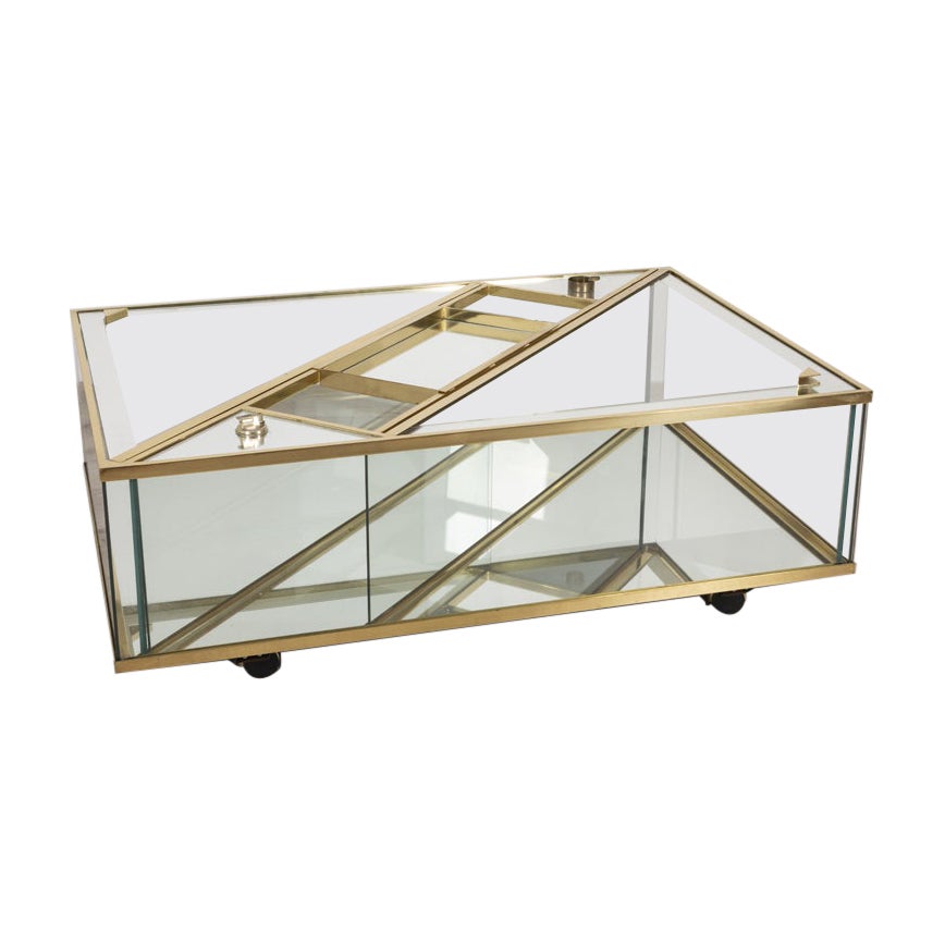 Tavolino vintage anni 60 in ottone dorato e cristallo design Italiano