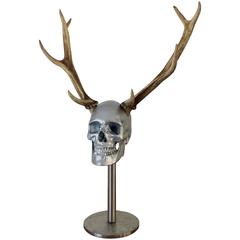 Adultery - Resin Skull with Antlers on Stainless Steel Stand by Hubert Privé