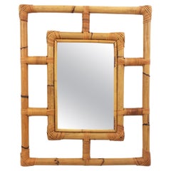 Miroir mural rectangulaire en rotin épais et bambou avec cadre géométrique, années 1960